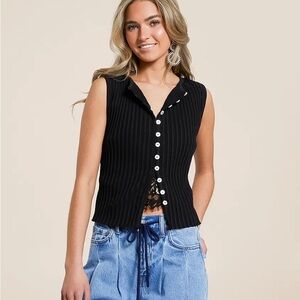 Free People Black Ribbed Sleeveless Button-Up Top